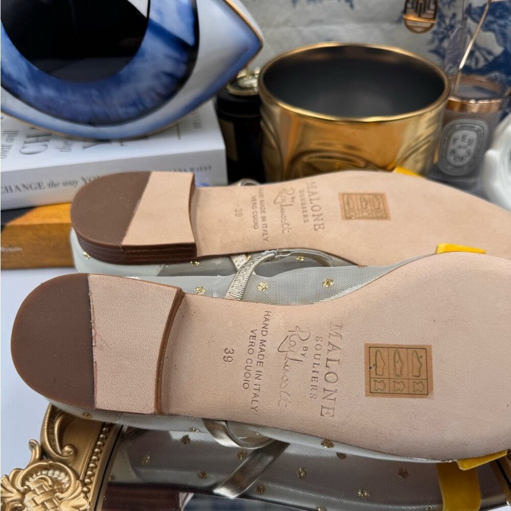 🆕 MALONE SOULIERS 🧿 BNWOB White Mesh Mules with Yellow Velvet Bow Size 39 - 9 - Picture 10 of 15